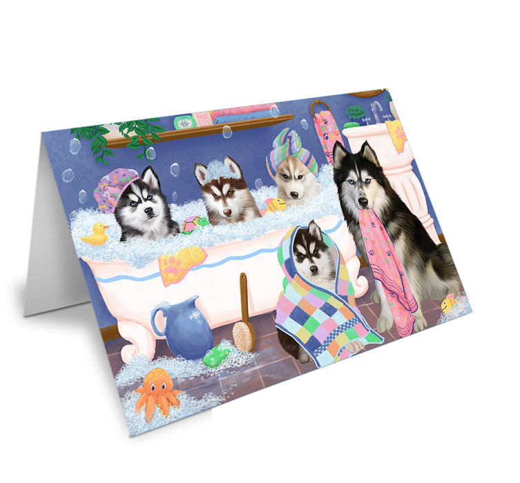 Rub A Dub Dogs In A Tub Siberian Huskies Dog Handmade Artwork Assorted Pets Greeting Cards and Note Cards with Envelopes for All Occasions and Holiday Seasons GCD74996