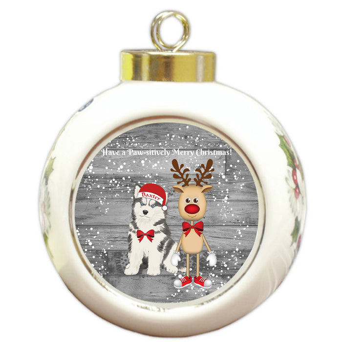 Custom Personalized Siberian Huskie Dog Reindeer and Pooch Christmas Round Ball Ornament
