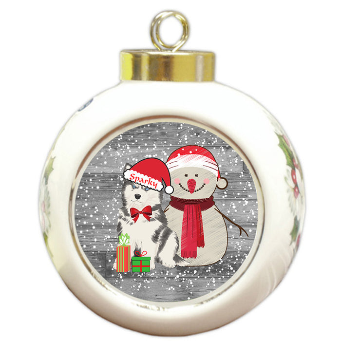 Custom Personalized Snowy Snowman and Siberian Huskie Dog Christmas Round Ball Ornament