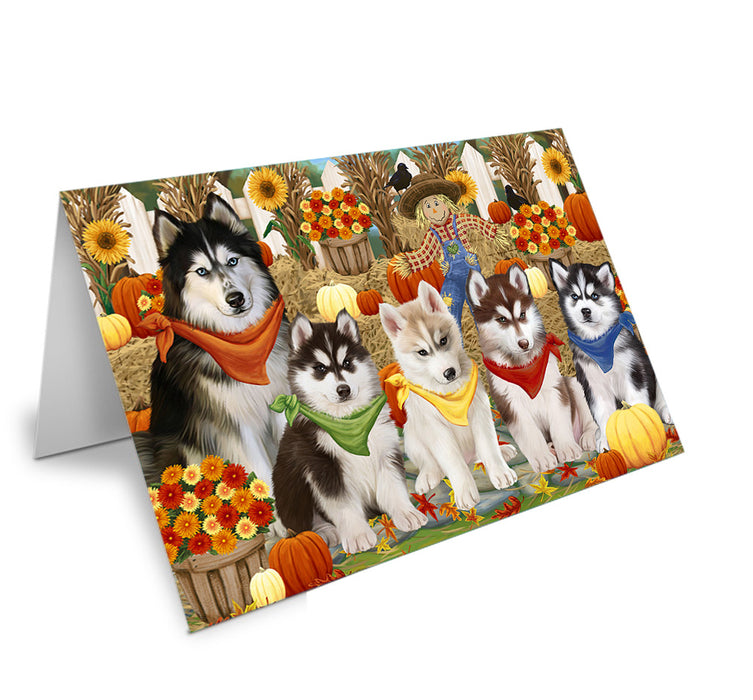 Fall Festive Gathering Siberian Huskies Dog with Pumpkins Handmade Artwork Assorted Pets Greeting Cards and Note Cards with Envelopes for All Occasions and Holiday Seasons GCD56450