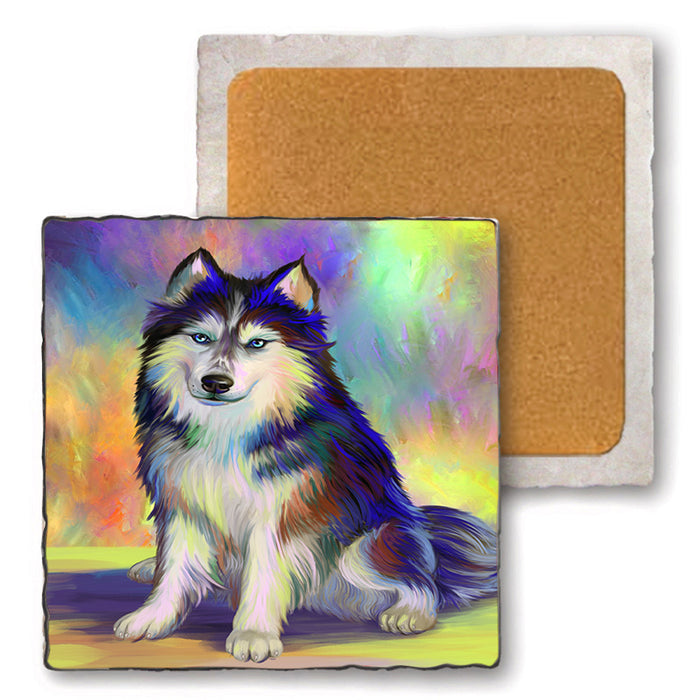 Pardise Wave Siberian Husky Dog Set of 4 Natural Stone Marble Tile Coasters MCST48602