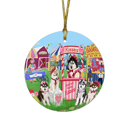 Carnival Kissing Booth Siberian Huskies Dog Round Flat Christmas Ornament RFPOR56398