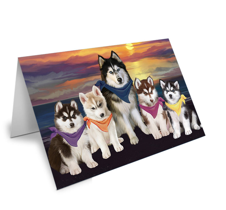 Family Sunset Portrait Siberian Huskies Dog Handmade Artwork Assorted Pets Greeting Cards and Note Cards with Envelopes for All Occasions and Holiday Seasons GCD54878