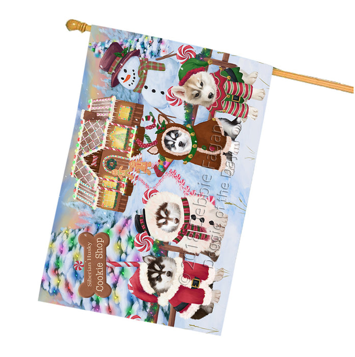 Holiday Gingerbread Cookie Shop Siberian Huskies Dog House Flag FLG57308