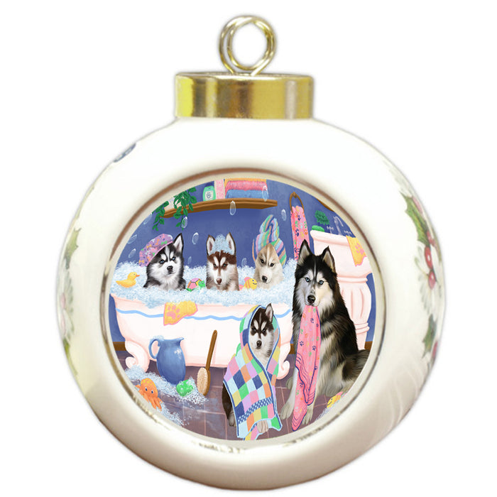 Rub A Dub Dogs In A Tub Siberian Huskies Dog Round Ball Christmas Ornament RBPOR57183