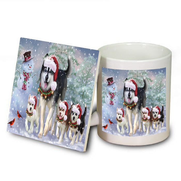 Christmas Running Family Dogs Siberian Huskies Dog Mug and Coaster Set MUC54219
