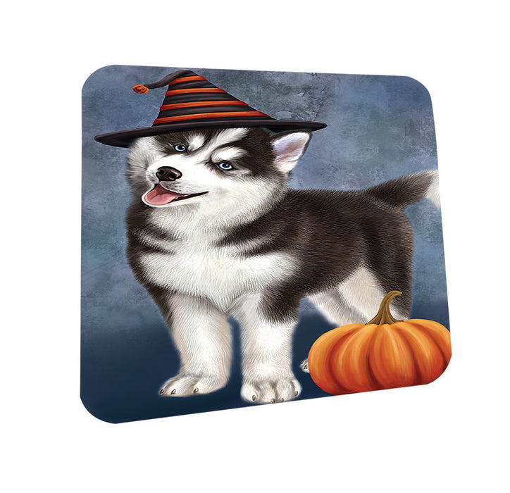 Happy Halloween Siberian Husky Dog Wearing Witch Hat with Pumpkin Coasters Set of 4 CST54770