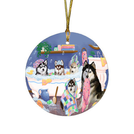 Rub A Dub Dogs In A Tub Siberian Huskies Dog Round Flat Christmas Ornament RFPOR57183