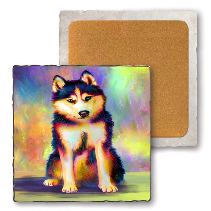 Paradise Wave Siberian Husky Dog Set of 4 Natural Stone Marble Tile Coasters MCST51082