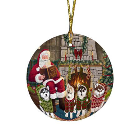 Christmas Cozy Holiday Tails Siberian Huskies Dog Round Flat Christmas Ornament RFPOR55748