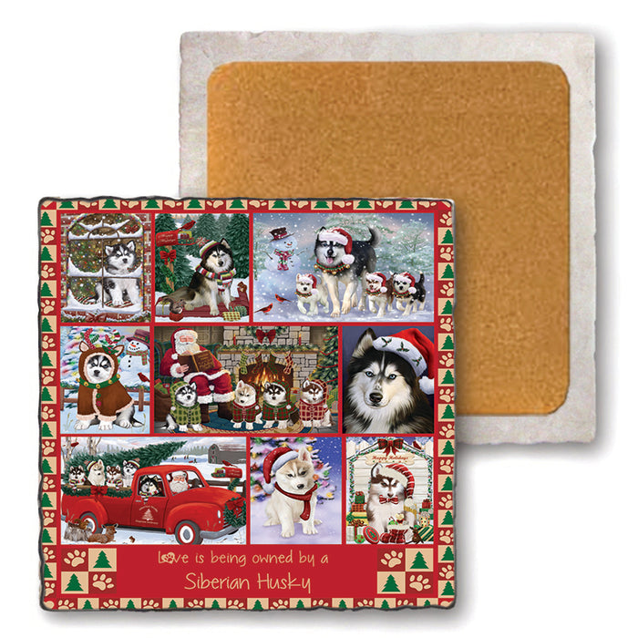 Love is Being Owned Christmas Siberian Husky Dogs Set of 4 Natural Stone Marble Tile Coasters MCST52259