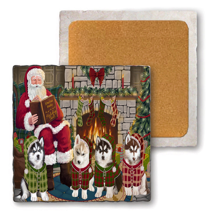 Christmas Cozy Holiday Tails Siberian Huskies Dog Set of 4 Natural Stone Marble Tile Coasters MCST50392