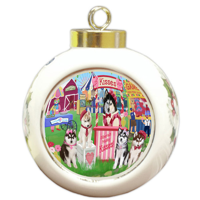 Carnival Kissing Booth Siberian Huskies Dog Round Ball Christmas Ornament RBPOR56398