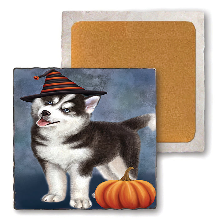 Happy Halloween Siberian Husky Dog Wearing Witch Hat with Pumpkin Set of 4 Natural Stone Marble Tile Coasters MCST49812