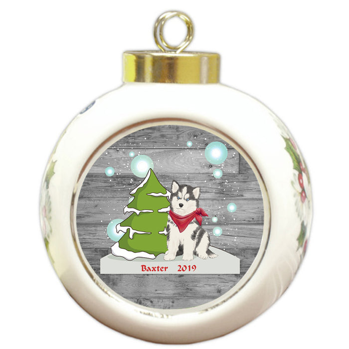 Custom Personalized Winter Scenic Tree and Presents Siberian Huskie Dog Christmas Round Ball Ornament