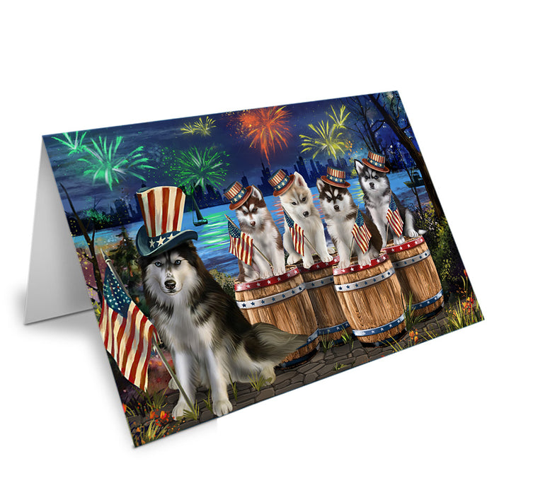 4th of July Independence Day Fireworks Siberian Huskies at the Lake Handmade Artwork Assorted Pets Greeting Cards and Note Cards with Envelopes for All Occasions and Holiday Seasons GCD57194