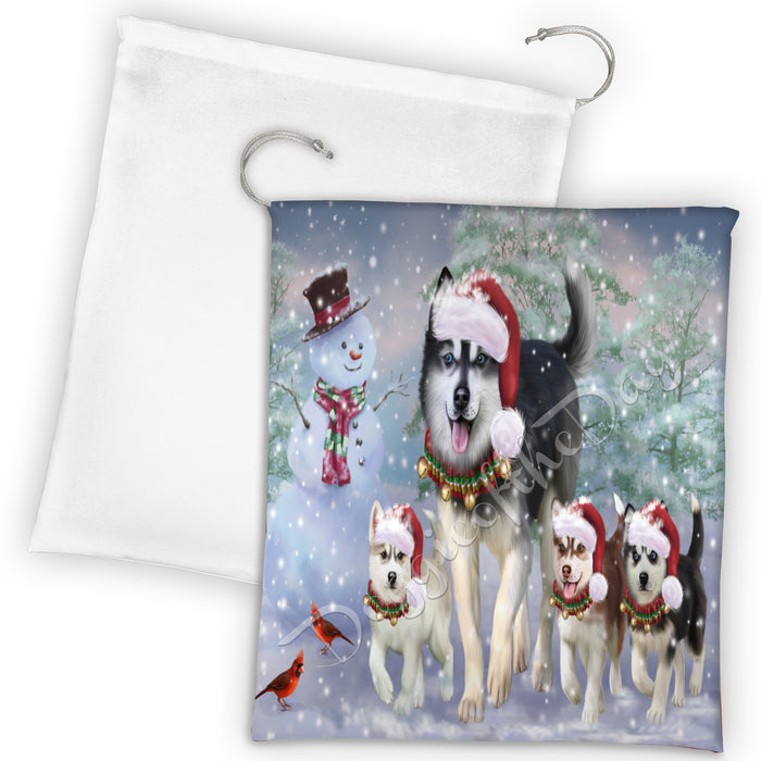 Christmas Running Fammily Siberian Husky Dogs Drawstring Laundry or Gift Bag LGB48252