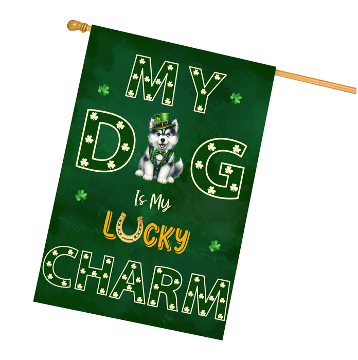 St. Patrick's Day Siberian Husky Irish Dog House Flags with Lucky Charm Design - Double Sided Yard Home Festival Decorative Gift - Holiday Dogs Flag Decor - 28"w x 40"h