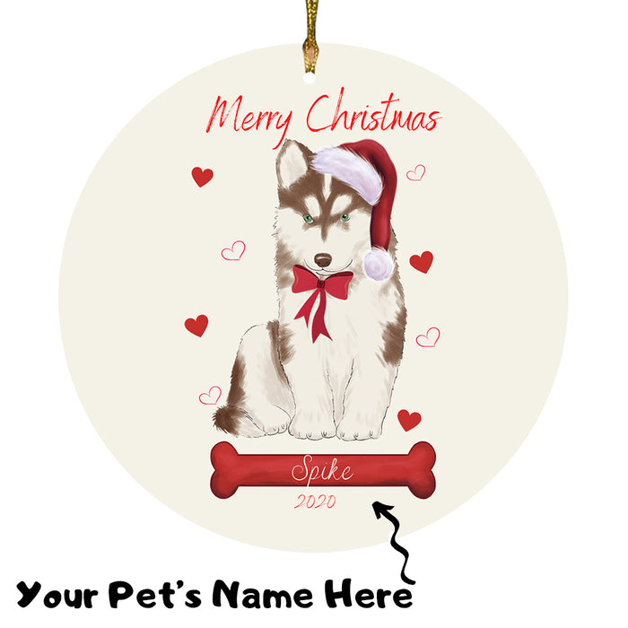 Personalized Merry Christmas  Siberian Husky Dog Christmas Tree Round Flat Ornament RBPOR59018