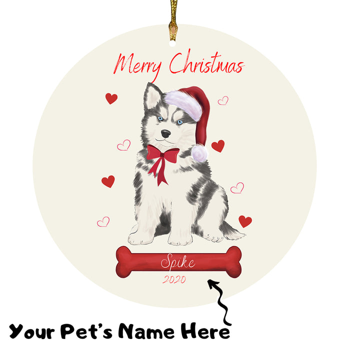 Personalized Merry Christmas  Siberian Husky Dog Christmas Tree Round Flat Ornament RBPOR59019