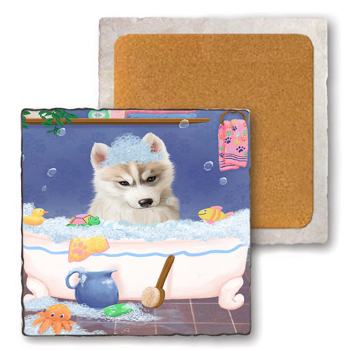 Rub A Dub Dog In A Tub Siberian Husky Dog Set of 4 Natural Stone Marble Tile Coasters MCST52456