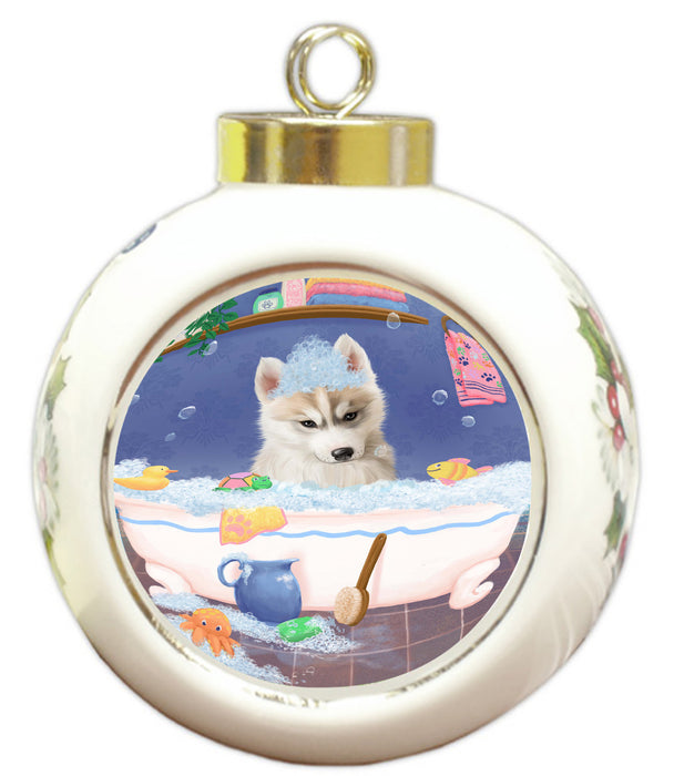 Rub A Dub Dog In A Tub Siberian Husky Dog Round Ball Christmas Ornament RBPOR58680