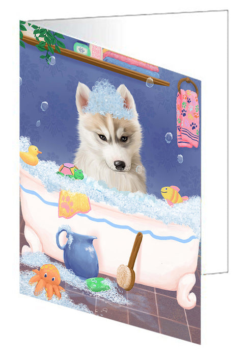 Rub A Dub Dog In A Tub Siberian Husky Dog Handmade Artwork Assorted Pets Greeting Cards and Note Cards with Envelopes for All Occasions and Holiday Seasons GCD79682