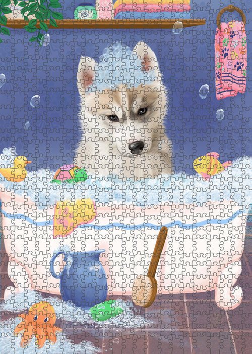 Rub A Dub Dog In A Tub Siberian Husky Dog Portrait Jigsaw Puzzle for Adults Animal Interlocking Puzzle Game Unique Gift for Dog Lover's with Metal Tin Box PZL368
