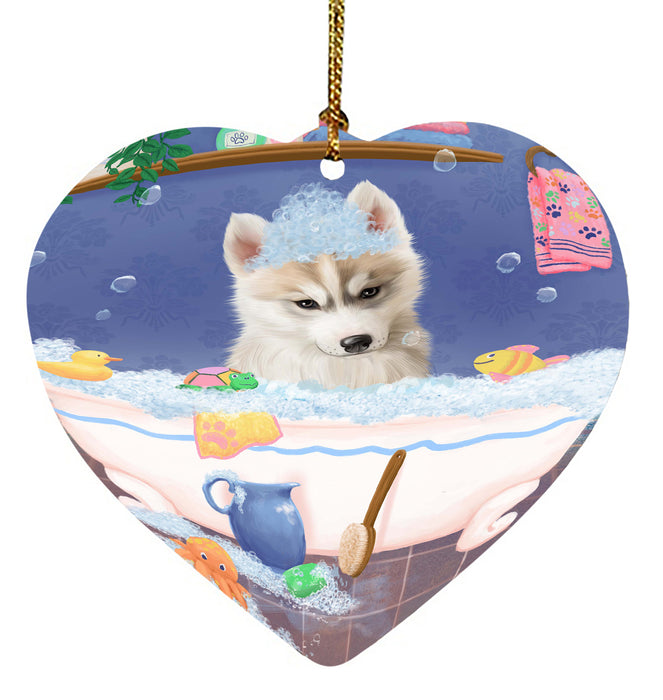 Rub A Dub Dog In A Tub Siberian Husky Dog Heart Christmas Ornament HPORA58696