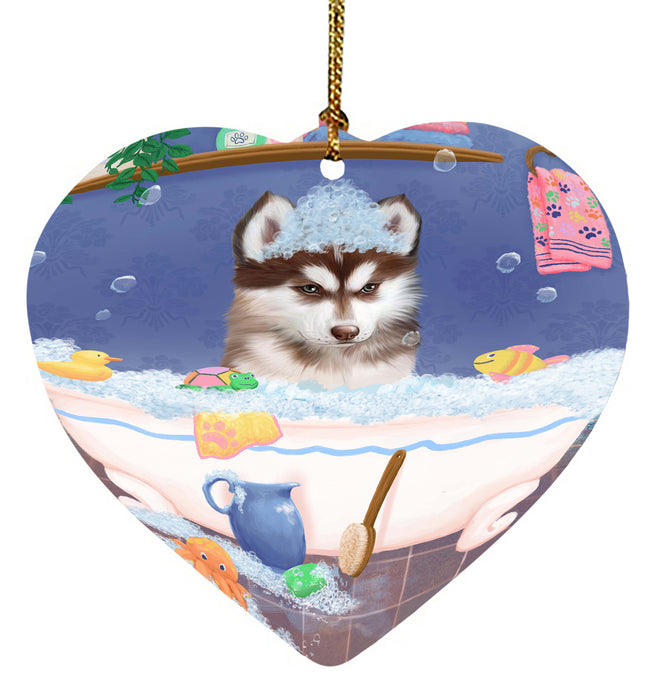 Rub A Dub Dog In A Tub Siberian Husky Dog Heart Christmas Ornament HPORA58697