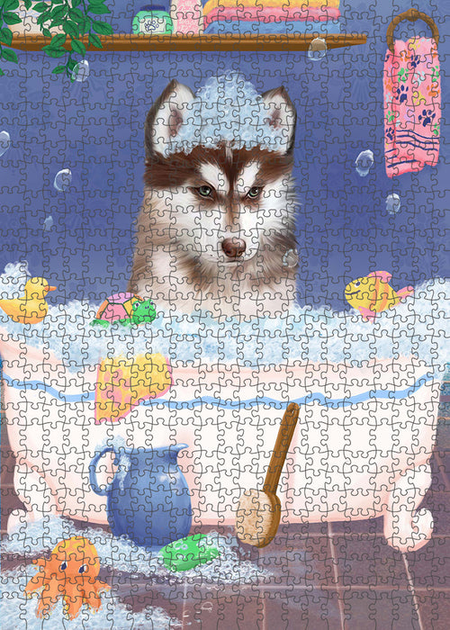 Rub A Dub Dog In A Tub Siberian Husky Dog Portrait Jigsaw Puzzle for Adults Animal Interlocking Puzzle Game Unique Gift for Dog Lover's with Metal Tin Box PZL369