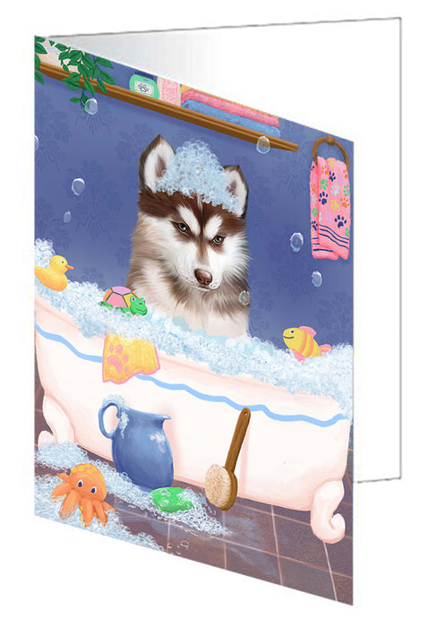Rub A Dub Dog In A Tub Siberian Husky Dog Handmade Artwork Assorted Pets Greeting Cards and Note Cards with Envelopes for All Occasions and Holiday Seasons GCD79685