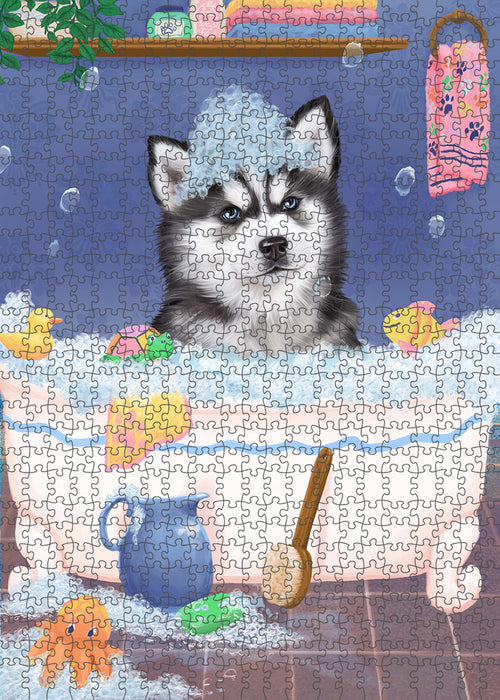 Rub A Dub Dog In A Tub Siberian Husky Dog Portrait Jigsaw Puzzle for Adults Animal Interlocking Puzzle Game Unique Gift for Dog Lover's with Metal Tin Box PZL370