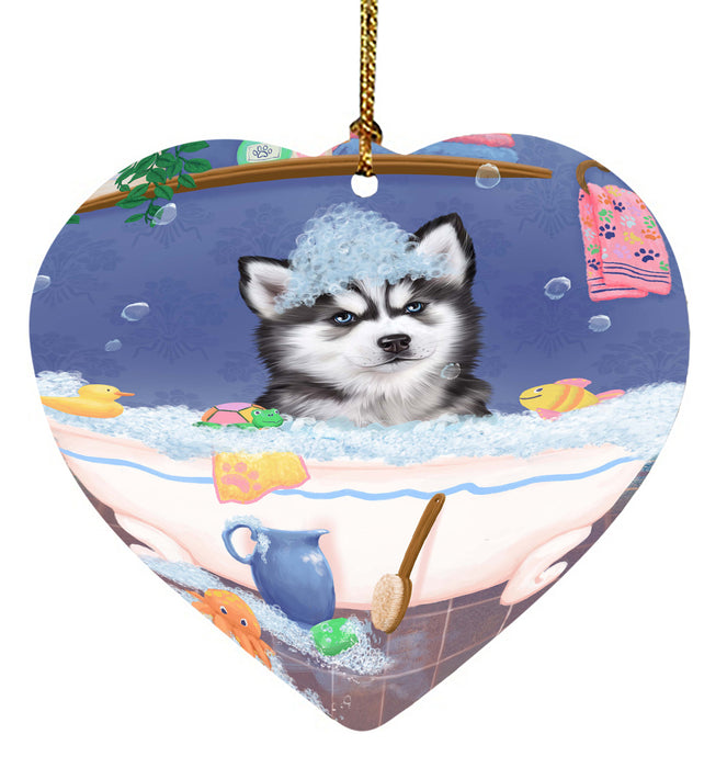Rub A Dub Dog In A Tub Siberian Husky Dog Heart Christmas Ornament HPORA58698