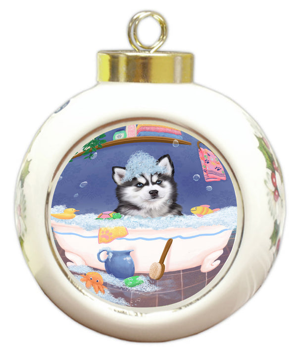 Rub A Dub Dog In A Tub Siberian Husky Dog Round Ball Christmas Ornament RBPOR58682