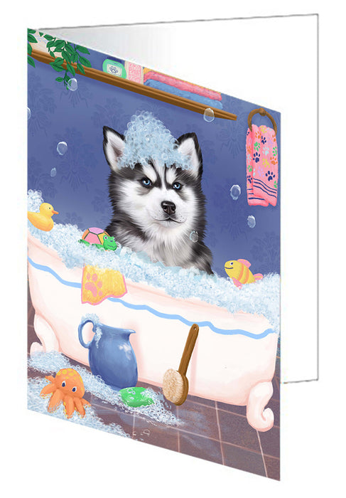 Rub A Dub Dog In A Tub Siberian Husky Dog Handmade Artwork Assorted Pets Greeting Cards and Note Cards with Envelopes for All Occasions and Holiday Seasons GCD79688