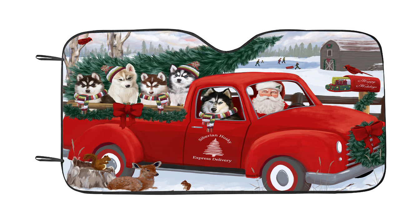 Christmas Santa Express Delivery Red Truck Siberian Husky Dogs Car Sun Shade