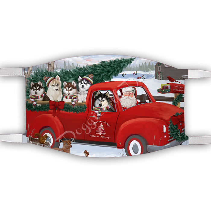 Christmas Santa Express Delivery Red Truck Siberian Husky Dogs Face Mask FM48476