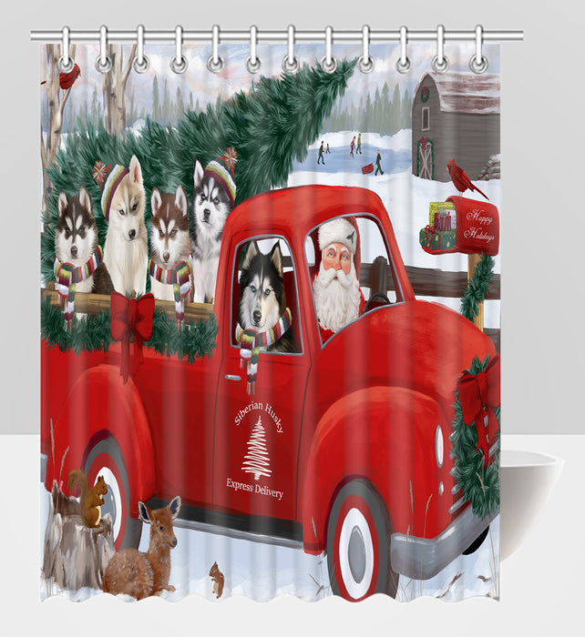 Christmas Santa Express Delivery Red Truck Siberian Husky Dogs Shower Curtain
