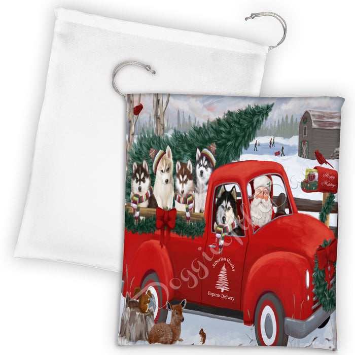 Christmas Santa Express Delivery Red Truck Siberian Husky Dogs Drawstring Laundry or Gift Bag LGB48343