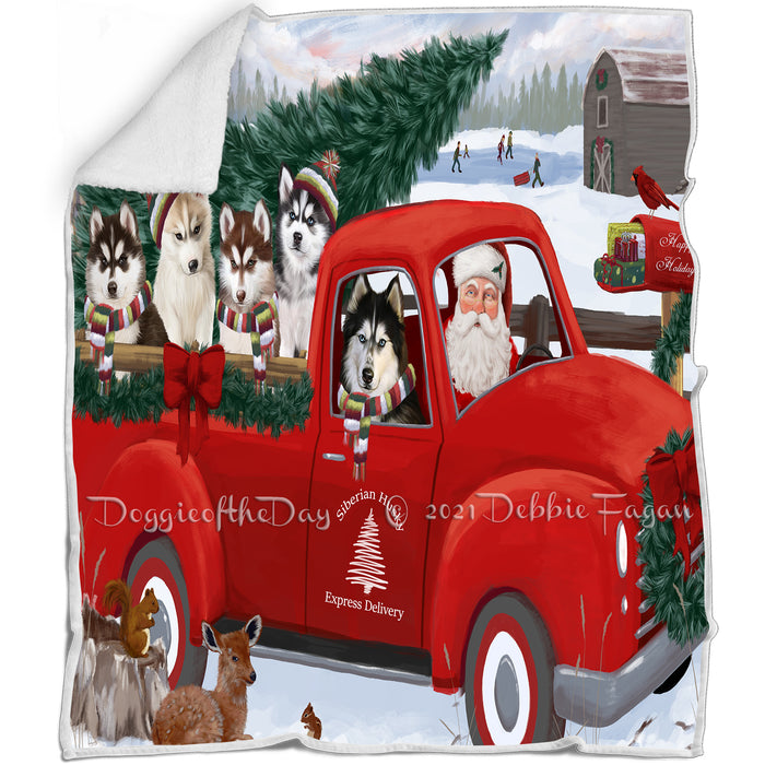 Christmas Santa Express Delivery Red Truck Siberian Huskies Dog Family Blanket BLNKT113007
