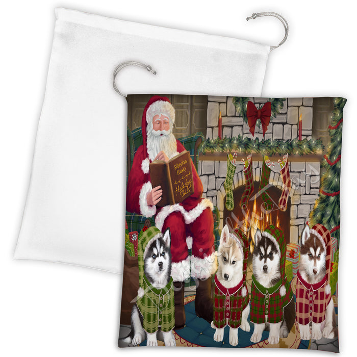 Christmas Cozy Holiday Fire Tails Siberian Husky Dogs Drawstring Laundry or Gift Bag LGB48537