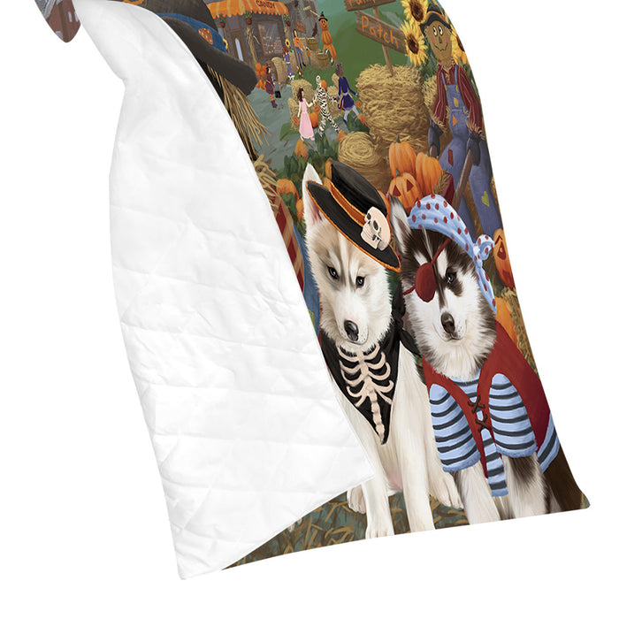 Halloween 'Round Town and Fall Pumpkin Scarecrow Both Siberian Husky Dogs Quilt