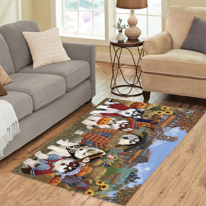 Halloween 'Round Town and Fall Pumpkin Scarecrow Both Siberian Husky Dogs Area Rug