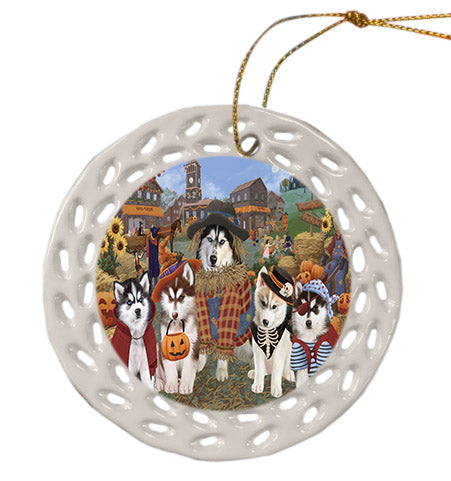 Halloween 'Round Town Siberian Husky Dogs Ceramic Doily Ornament DPOR57707