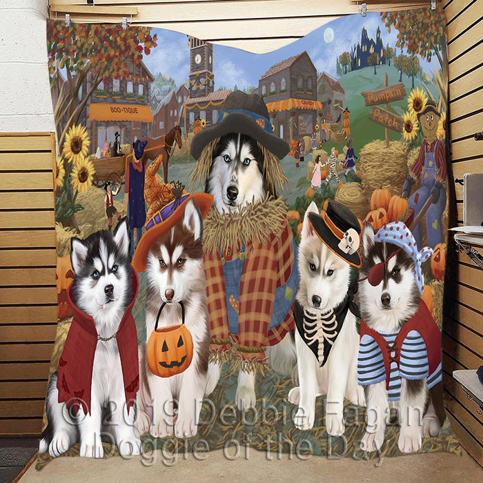 Halloween 'Round Town and Fall Pumpkin Scarecrow Both Siberian Husky Dogs Quilt
