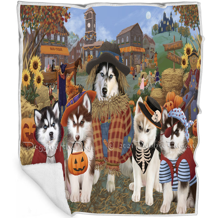 Halloween 'Round Town And Fall Pumpkin Scarecrow Both Siberian Husky Dogs Blanket BLNKT143656