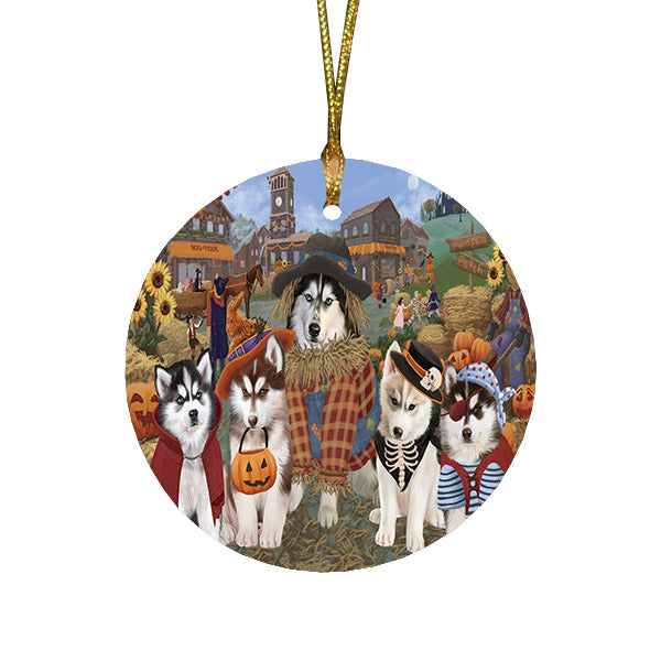 Halloween 'Round Town And Fall Pumpkin Scarecrow Both Siberian Husky Dogs Round Flat Christmas Ornament RFPOR57611