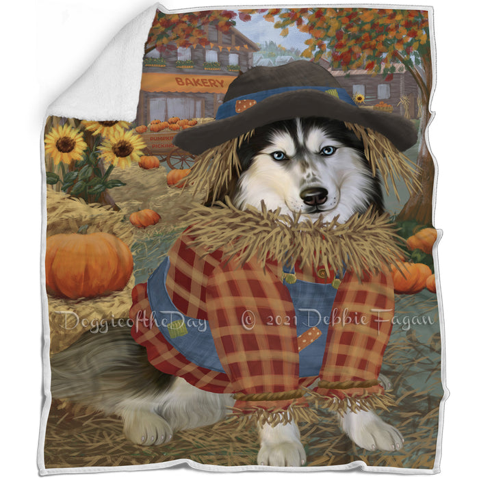 Halloween 'Round Town And Fall Pumpkin Scarecrow Both Siberian Husky Dogs Blanket BLNKT143657