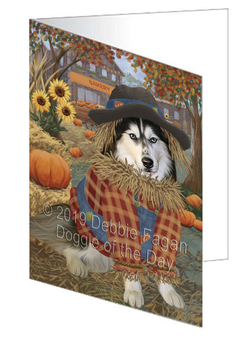 Fall Pumpkin Scarecrow Siberian Husky Dogs Handmade Artwork Assorted Pets Greeting Cards and Note Cards with Envelopes for All Occasions and Holiday Seasons GCD78650